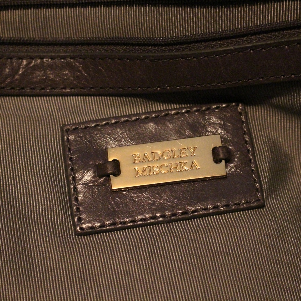 Badgley Mischka Warm Grey n Gold Leather Bag Purse - Picture 6 of 7